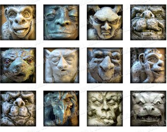 GRIM GARGOYLES - Digital Printable Collage Sheet - 1X1 Squares & Scrabble Tile - Gothic Architecture, Spooky Halloween, Digital Download
