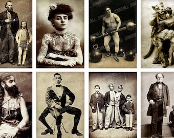 HUMAN ODDITIES - Digital Printable Collage Sheet - Vintage Circus Freakshow Performers, Freaks & Geeks, Unusual Beauty, Digital Download