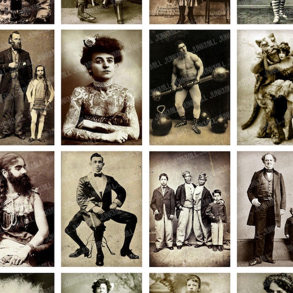 HUMAN ODDITIES - Digital Printable Collage Sheet - Vintage Circus Freakshow Performers, Freaks & Geeks, Unusual Beauty, Digital Download