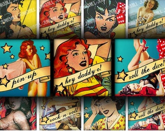 ROCKABILLY - Digital Printable Collage Sheet - 1" Square & Scrabble Tile - Retro Rock-and-Roll Pin-Ups, 1950s Varga Girls, Digital Download
