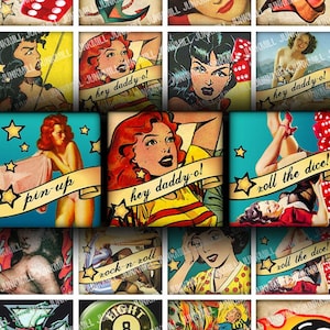 May include: A collage of 16 vintage-style images featuring pin-up girls, dice, anchors, and other retro imagery. The images are in a square grid format and have a distressed, faded look. The text "hey daddy-o!" appears in several of the images.