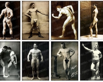 MALE NUDES - Digital Printable Collage Sheet - 1.75" x 2.5" - Vintage Male Nudes, Carnival Strong Men, Mature Risque, Digital Download