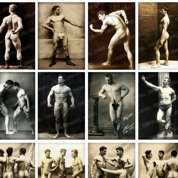 MALE NUDES - Digital Printable Collage Sheet - 1.75" x 2.5" - Vintage Male Nudes, Carnival Strong Men, Mature Risque, Digital Download