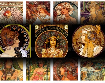 MUCHA MINIS - Digital Printable Collage Sheet - 1" Squares & Scrabble Tiles - Alphonse Mucha Paintings, Art Nouveau Images, Digital Download