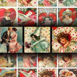 L'AMORE - Hoja de collage imprimible digital - San Valentín vintage con mujeres victorianas, parejas besándose, Cupido y pájaros enamorados, 1 pulgada cuadrada