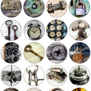 May include: A collection of circular images featuring vintage objects. Includes a gear, magnifying glass, clock face, lock, bolt, alarm clock, calculator keys, faucet, camera, key, screw, padlock, door latch, pliers, telescope, bell, telephone, and a wheel.