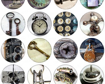 STEAMPUNK PARTS - Digital Printable Collage Sheet - Vintage Industrial Gears, Clocks, Keys & Typewriters, 1" Circle, 25 mm, Instant Download