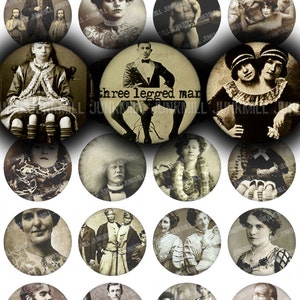 HUMAN ODDITIES - Digital Printable Collage Sheet - 1&quot; Circles, 25 mm - Vintage Circus Sideshow Freakshow Performers, Digital Download