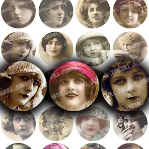 INGENUE - feuille de collage numérique imprimable - clapets vintage, gitans bohèmes, femmes victoriennes, portraits de dames, cercle de 2,5 cm (25 mm)
