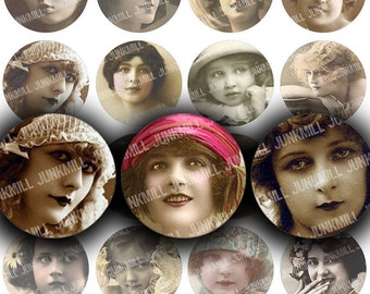 INGENUE - Digital Printable Collage Sheet - Vintage Flappers, Bohemian Gypsies, Victorian Women, Ladies Portraits, 1" Circle, 25mm Round