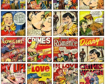 PULP ROMANCE - Digital Printable Collage Sheet - Retro Comic Book Covers, Cartoon Pin-Up Girls, 1" Square or Scrabble Tile, Instant Download