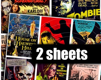 Könnte beinhalten: Eine Collage von Vintage-Horrorfilm-Plakaten mit klassischen Monstern und ikonischen Szenen. Die Poster sind in Schwarzweiß und Farbe, mit Titeln wie "Supernatural!" und "House on Haunted Hill".