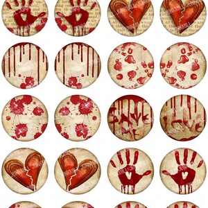 BROKEN HEARTED Digital Printable Collage Sheet Vintage Valentine's Day Hearts & Bloody Handprints, Valentine Horror, 1 Circles Download image 2