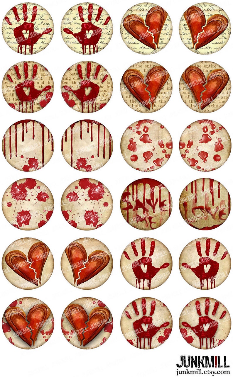 BROKEN HEARTED Digital Printable Collage Sheet Vintage Valentine's Day Hearts & Bloody Handprints, Valentine Horror, 1 Circles Download image 2