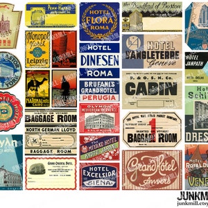 STEAMTRUNK MINIS I - Hoja de collage imprimible digitalmente - Etiquetas de viaje antiguas, etiquetas para maletas de Europa y Asia, descarga instantánea