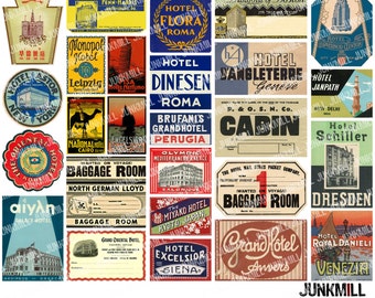 STEAMTRUNK MINIS I - Digital Printable Collage Sheet - Vintage Travel Labels, Suitcase Luggage Labels from Europe, Asia, Instant Download