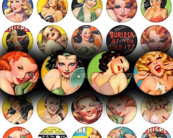PEEPSHOW - Digital Printable Collage Sheet - Retro Pin-Up Girls, Vintage Girlie Magazine Covers, 1" Circles, 25 mm Round, Instant Download