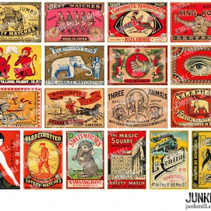MATCHBOX MEDLEY I - digitaal afdrukbaar collageblad - vintage luciferetiketten, antieke lucifers, circusdieren uit de jaren 1920, direct downloaden