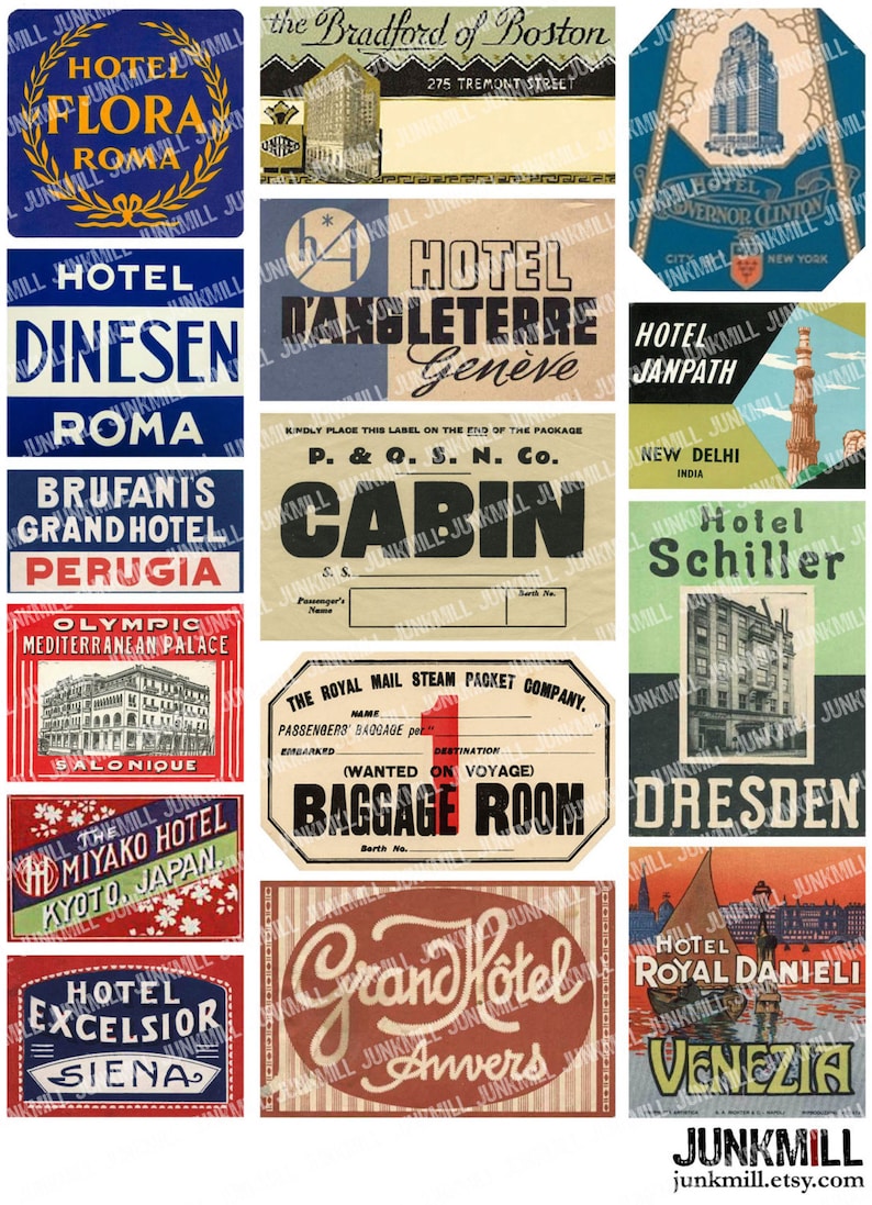 STEAMTRUNK LABELS 5 Digital Printable Collage Sheets Vintage Luggage Labels, Souvenir Travel Labels from Europe, Instant Download image 2