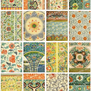 IMPRESSÕES ASIÁTICAS - Folha de colagem digital para impressão - Desenhos ornamentais chineses com padrões de damasco, floral, pastel e paisley, download instantâneo