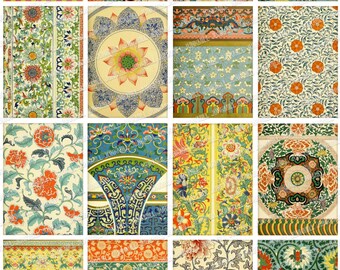 ASIAN PRINTS - Digital Printable Collage Sheet - Chinese Ornamental Designs with Damask, Floral, Pastel, Paisley Patterns, Instant Download