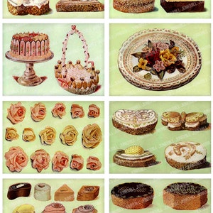 GATEAUX - Folha de colagem digital para impressão - Doces franceses, Petits Fours e bolos de casamento de maçapão de antigas impressões de padaria vitoriana
