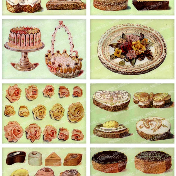 GATEAUX - Digital Printable Collage Sheet - French Pastries, Petits Fours & Marzipan Wedding Cakes from Antique Victorian Bakery Prints
