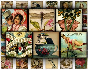 MINI MEDLEY III - Digital Printable Collage Sheet - Variety Sampler with Victorian Women & Vintage Ephemera, 1" Squares, Scrabble Tiles