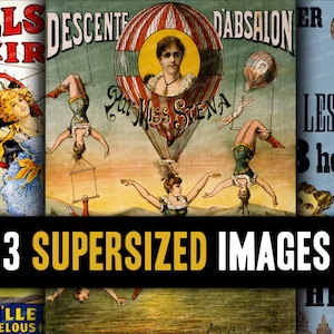 CIRQUE - Extra Large Digital Printable Images - Vintage Circus Banners, French Acrobat Trapeze Performers, 18" x 24" Instant Poster Wall Art