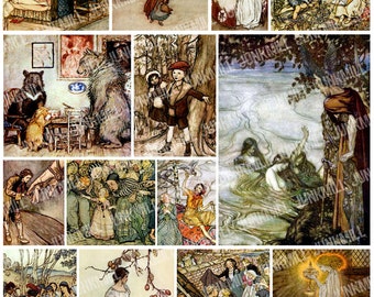 BROTHERS GRIMM - Digital Printable Collage Sheet - Gothic Victorian Fairy Tales by Arthur Rackham with Cinderella, Snow White & Goldilocks