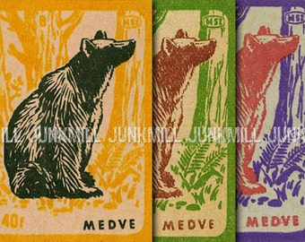 LINOCUT BEARS - Collage Sheet - Vintage Hungarian Matchbox Labels, Foreign Matches, Large Digital Printable Images, Instant Download