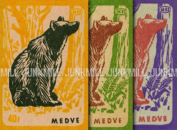 LINOCUT BEARS - Collage Sheet - Vintage Hungarian Matchbox Labels