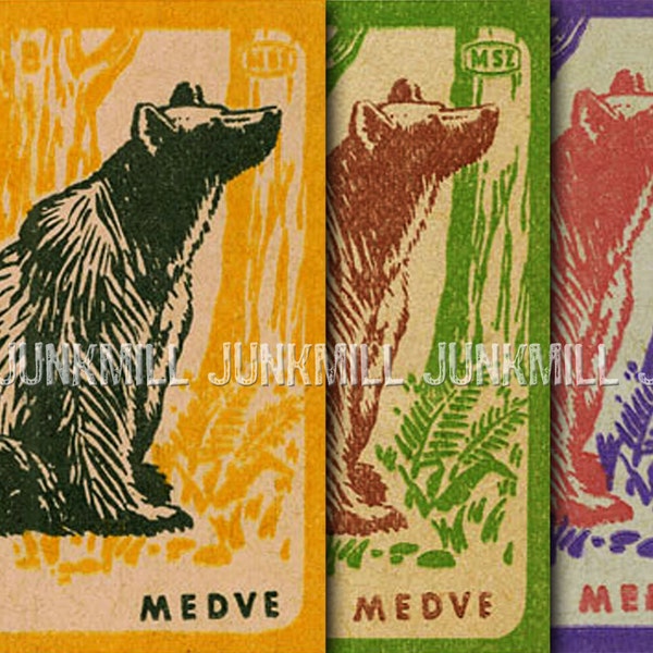 LINOCUT BEARS - Collage Sheet - Vintage Hungarian Matchbox Labels, Foreign Matches, Large Digital Printable Images, Instant Download