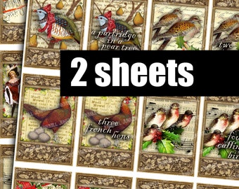 Può includere: Due fogli di carta digitale natalizia vintage con illustrazioni di uccelli, una pernice in un pero, tre galline francesi, quattro uccelli che cantano, cinque anelli d'oro e sei oche che depongono le uova. La carta presenta anche note musicali e testo in tedesco e inglese.