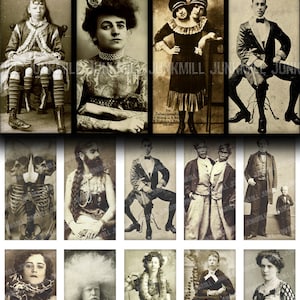 HUMAN ODDITIES - Digital Printable Collage Sheet - 1&quot; x 2&quot; Domino Tiles - Vintage Circus Freakshow Sideshow Performers, Digital Download