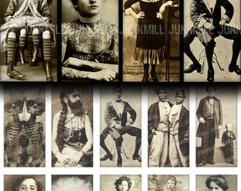 HUMAN ODDITIES - Digital Printable Collage Sheet - 1" x 2" Domino Tiles - Vintage Circus Freakshow Sideshow Performers, Digital Download