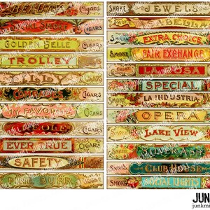 May include: Vintage cigar box labels with colorful designs and text. The labels feature names like "Beauty", "Jewel", "Golden Belle", "Trolley", "Comrades", "My Favorites", "People", "Ever True", "Safety", "Pine Burr", "Extra Choice", "Fair Exchange", "La Rosa", "Special", "La Industria", "Opera", "Lake View", "Silver Ash", "Club House", and "Social Lights".
