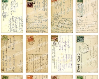 May include: A digital collage of 12 vintage postcards with handwritten messages and stamps. The postcards are in various shades of cream and beige with blue, green, and red accents. The postcards feature handwritten messages in English, German, and Swedish.