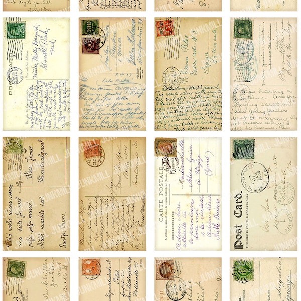 ANTIQUE POSTCARDS - Digital Printable Collage Sheet - Vintage Handwritten Postcards from France, Germany with Postage, Instant Download