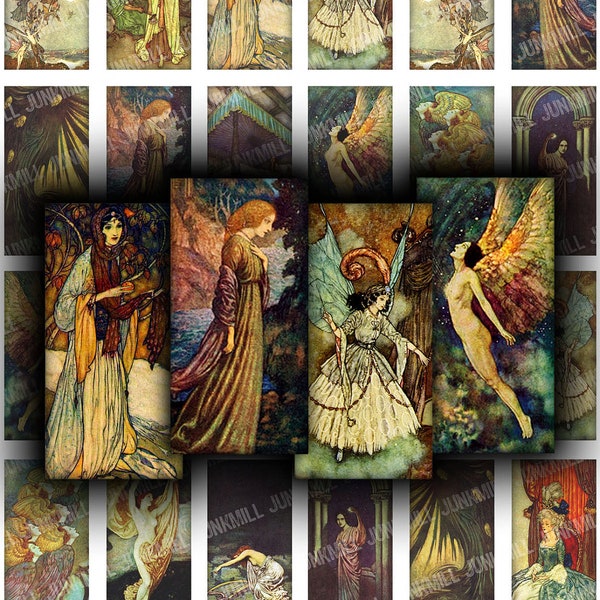 EDMUND DULAC - Digital Printable Collage Sheet - Gothic Medieval Fairy Tale Illustrations, 1" x 2" Domino Tile, Instant Download