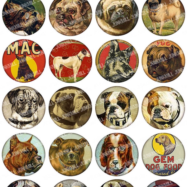 CHIEN porte-bonheur - feuille de collage numérique imprimable - carlins, bouledogues, boxers et chiens de chasse vintage antiques, cercle de 1 po, rond de 25 mm, téléchargement immédiat