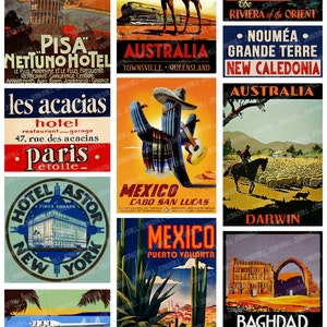 TOURISTA II - feuille de collage numérique imprimable - étiquettes de voyage vintage, étiquettes de bagage de valise de France, d'Australie, du Mexique et de Hong Kong