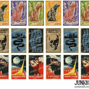 May include: A collection of vintage matchbox labels featuring various illustrations. The labels are printed on a white background with black, red, blue, and green colors. Some of the labels feature bears, skulls, snakes, and space-themed illustrations. The text on the labels includes "MEDVE", "VIGYÁZZ A VIZ TISZTASAGARA", "A TISZTATLAN SZENNYVIZ ELPUSZTITJA AZ ÉLETET", "B. KOSMOSE", "ПЕРВЫЙ СПУТНИК", and "БЕЛКА И СТРЕЛКА".