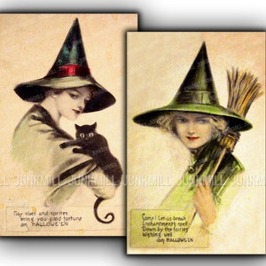 ビクトリア朝の魔女 - 大きなデジタル印刷可能な画像 - ヴィンテージハロウィーンポストカードからのアンティーク魔女のセット、単一画像転写、8 x 12