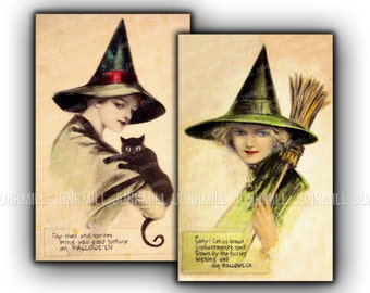 VICTORIAN WITCHES - Large Digital Printable Images - Set of Antique Witches from Vintage Halloween Postcards, Single Image Transfers, 8 x 12