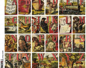 ANTIQUE ALPHABET - Digital Printable Collage Sheet - Vintage Children's Book Illustrated Alphabet, Printable Alphabet, Digital Download