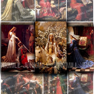 REY ARTURO - Hoja de collage imprimible digitalmente - Reina Ginebra, Sir Lancelot, Caballeros, Mito medieval, Fantasía renacentista, Descarga instantánea