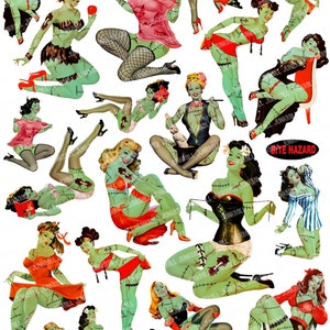 ZoMBIE PIN-UPS Digital Printable Collage Sheet Retro Undead Pin-Up Girls, Zombie Apocalypse, Halloween, Png Instant Download image 2