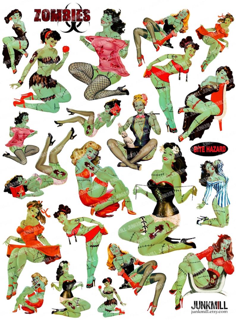 ZoMBIE PIN-UPS Digital Printable Collage Sheet Retro Undead Pin-Up Girls, Zombie Apocalypse, Halloween, Png Instant Download image 2
