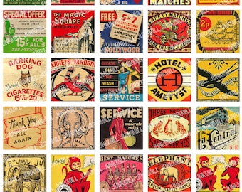 MATCHBOX MEDLEY - Digital Printable Collage Sheet - Vintage 1920s Matchbox Label Sampler, 1" Square or Scrabble Tile, Instant Download